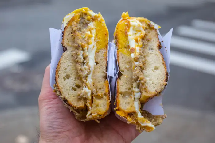 Scrapple & Egg with Cheddar and Maple Syrup on Cracked Pepper and Salt Bagel ($7.50)<br/>